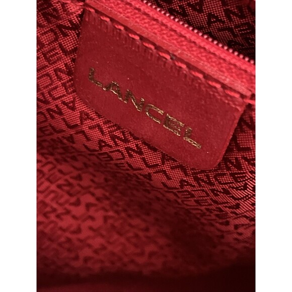 VGUC Lancel Authentic Red Nylon & Leather Bag Zip Top Shoulder Handbag Tote - Picture 12 of 15